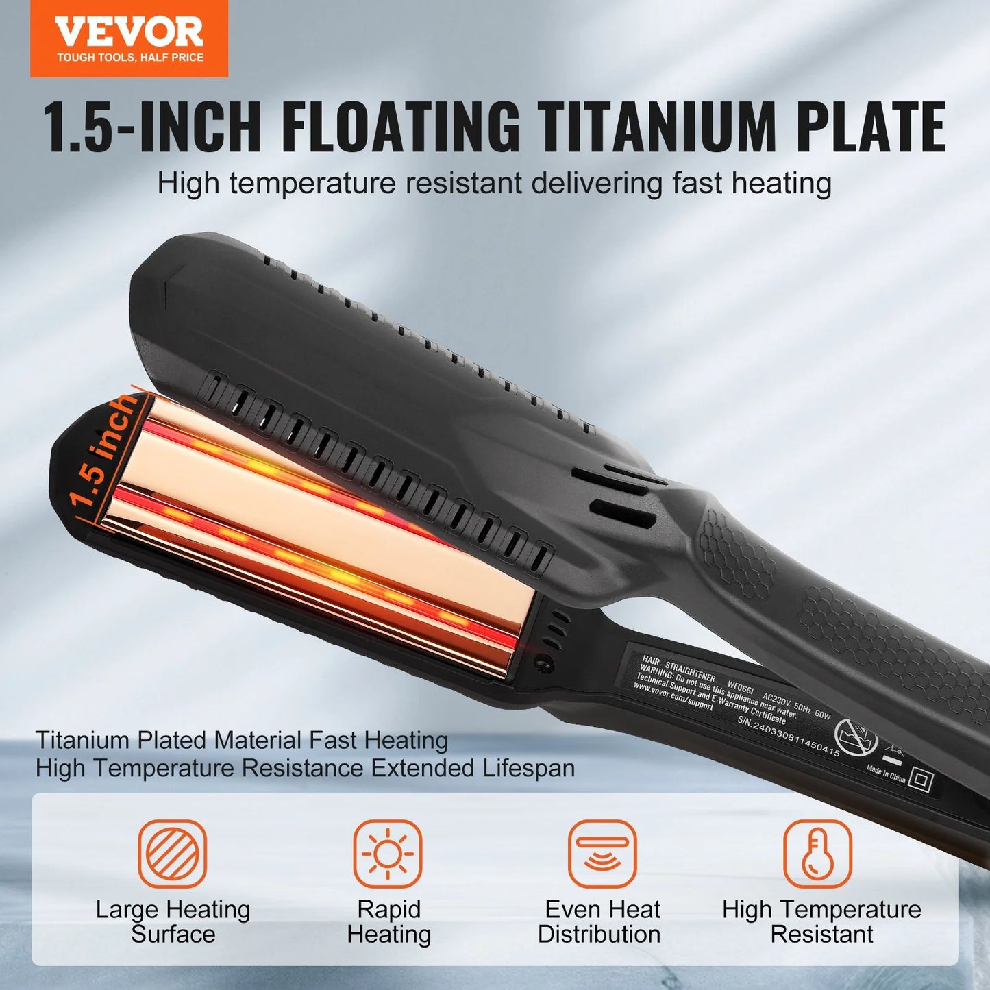 VEVOR Hair Straightener, 1.5-Inch Titanium Flat Iron, Dual Infrared Hair Straightener Flat Iron with LCD Display and 19 Temp Levels - 210¡Ãf to 450¡Ãf, Dual Voltage 110V/240V for Salon Home Travel Use